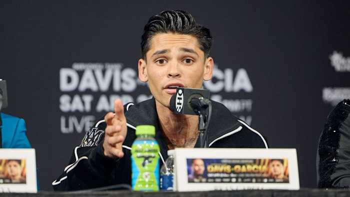 Ryan Garcia answers questions from reporters at the pre-fight press conference in Las Vegas on April 20, 2023. (Esther Lin/SHOWTIME)